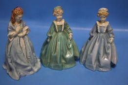 THREE ROYAL WORCESTER FIGURINES TO INCLUDE GRANDMOTHERS DRESS X2 AND SWEET ANNE.