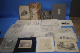 A SMALL TRAY OF MAINLY ORIGINAL ARTWORK INCLUDING MANY PENCIL DRAWINGS, ONE SAYS TO THE REVERSE