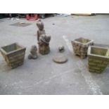 SEVEN ITEMS TO INCLUDE THREE CONCRETE PLANTERS AND THREE CONCRETE STATUES ETC.