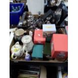 A TRAY OF METALWARE TOGETHER WITH A TRAY OF POTTERY TO INCLUDE CANDLESTICKS, LILLIPUT LANE