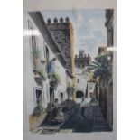 A FRAMED AND GLAZED STREET SCENE SIGNED "DIAZ" (5588A)