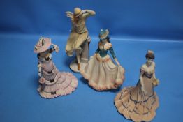 FOUR LARGE MATT FIGURINES - THREE COALPORT AND ONE ROYAL DOULTON - SUMMER STROLL, SPRING PAGEANT,