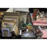 ONE LARGE AND THREE SMALL TRAYS OF SUNDRIES TO INCLUDE PICTURES, LAMPS, NEW BOXED MUGS ETC