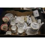 A TRAY OF CHINA TO INCLUDE TEAWARE BURLINGTONWARE TOBY JUGS