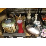 TWO BOXES OF GLASS VASES, FIGURINES, JEWELLERY BOX, PERFUME SPRAY ETC. (TRAYS NOT INCLUDED)