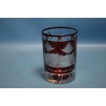 A SMALL GERMAN ETCHED RUBY AND CLEAR GLASS TANKARD