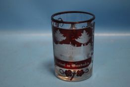 A SMALL GERMAN ETCHED RUBY AND CLEAR GLASS TANKARD