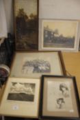 A QUANTITY OF ASSORTED PICTURES, PORTRAITS ETC TO INCLUDE 'MIKADO AT THE UTTOXETER A HUNTING