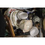 THREE TRAYS OF SUNDRIES TO INCLUDE POTTERY, CUTLERY, COMMEMORATIVE PLATES