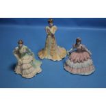 THREE LARGE MATT COALPORT FIGURINES - 'ROYAL GALA', 'MIDSUMMER DREAM' AND 'VICTORIA GARDENS'