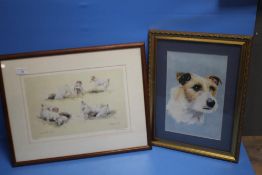 A WATERCOLOUR OF A TERRIER DOG, signed "Harry Downes 2001", together with a R.O.S Goody limited