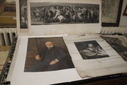 A FOLIO OF ASSORTED PRINTS AND ENGRAVINGS TO INCLUDE PORTRAITS, CHAUCER'S CANTERBURY PILGRIMS 100 CM