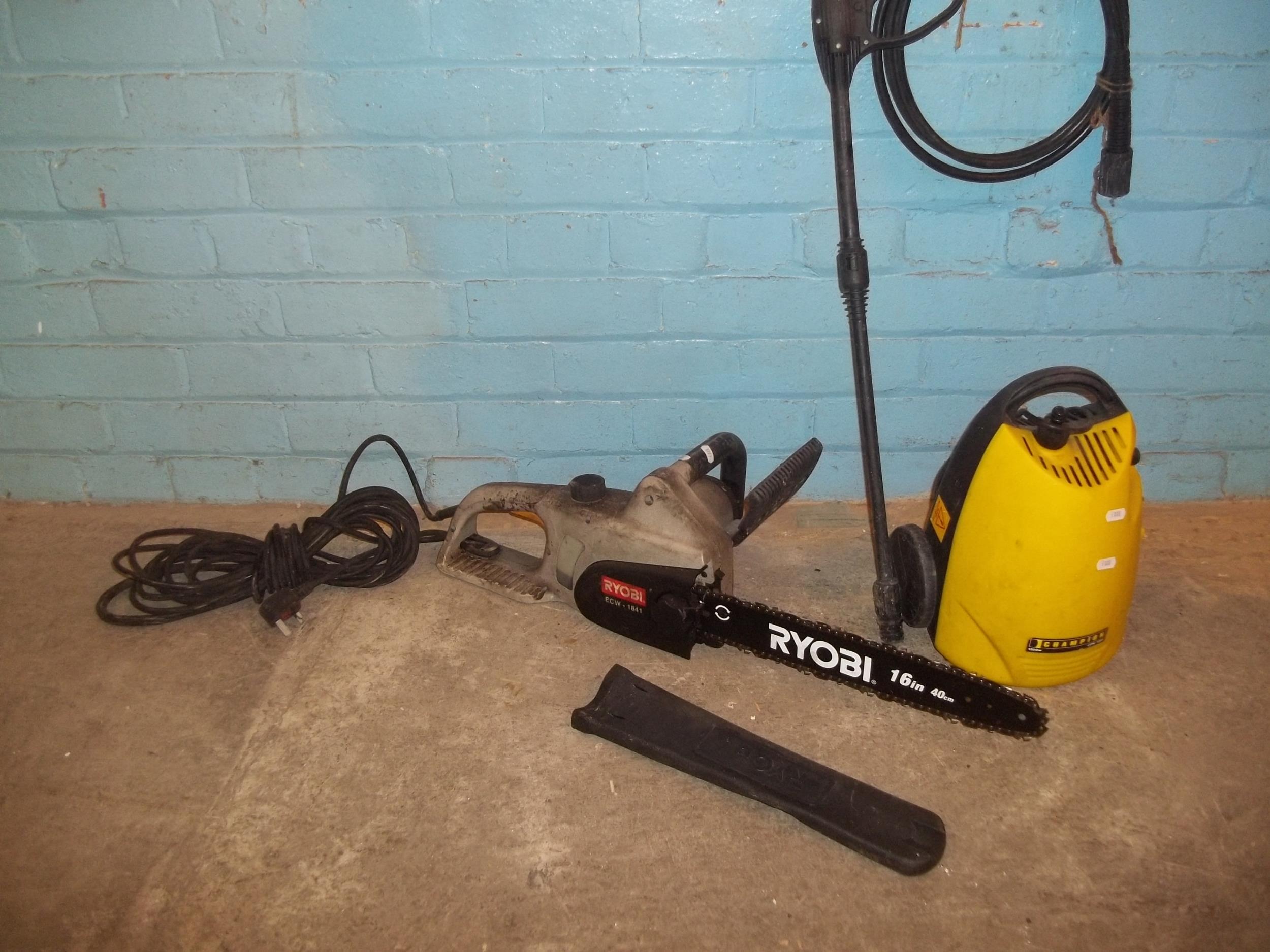 A RYOBI ELECTRIC CHAINSAW AND A POWER WASHER