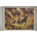 LEMONNIER, 20TH CENTURY IMPRESSIONIST, stormy landscape with huntsmen on horseback, signed lower