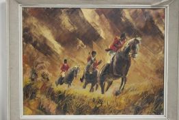 LEMONNIER, 20TH CENTURY IMPRESSIONIST, stormy landscape with huntsmen on horseback, signed lower