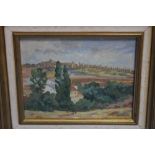 JAMES V HORTON PAINTING ON BOARD TITLED "A VILA IN SPAIN 34.5 CM X 29 CM INCLUDING FRAME