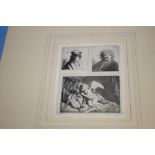 AN ETCHING SHOWING 3 IMAGES ON ONE PLATE IN THE STYLE OF REMBRANDT INCLUDING A SELF PORTRAIT AND