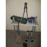 A SELECTION OF ITEMS TO INCLUDE A FOLDING SACK TRUCK, SHOVEL, TWO AXLE STANDS, A JCB POND PUMP,