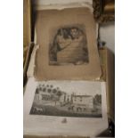 A BOX OF ENGRAVINGS AND ETCHINGS, TO INCLUDE ACKERMANN, FOUR PLATES AND FRONT PIECE FROM MONKEYANA