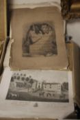 A BOX OF ENGRAVINGS AND ETCHINGS, TO INCLUDE ACKERMANN, FOUR PLATES AND FRONT PIECE FROM MONKEYANA