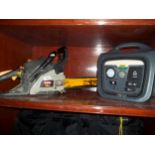 A RYOBI PETROL CHAINSAW AND A HALFORDS TYRE INFLATER