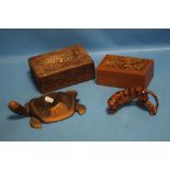 TWO WOODEN BOXES AND TWO ORNAMENTS