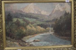 HERBERT COLLIER, 20TH CENTURY BRITISH SCHOOL, impressionist mountainous wooded river landscape,