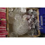 A TRAY OF GLASSWARE TO INCLUDE DECANTERS