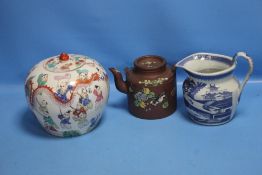 THREE PIECES OF CHINESE CERAMICS TO INCLUDE A TERRACOTTA TEAPOT AND A BLUE AND WHITE JUG