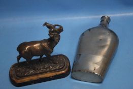 A BRONZED FIGURE OF A STAG TOGETHER WITH A HIP FLASK