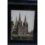 A FRAMED AND GLAZED PAINTING OF LICHFIELD CATHEDRAL 30 X 36