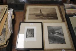 THREE FRAMED ENGRAVINGS TO INCLUDE 'THE FERRY' BY J. GALE, ' A CHURCH INTERIOR', A. YANN AND A