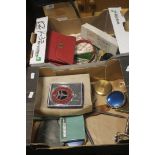 TWO TRAYS OF CURIOS TO INCLUDE LADIES COMPACTS, POLICE WHISTLE, MOTORING BADGES, STROBE LIGHT,