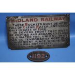 A SMALL MIDLAND RAILWAY ENAMEL SIGN TOGETHER WITH A RAILWAY BRASS PLAQUE