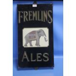 FREMLINS ALES GLASS AND SLATE PUB SIGN WITH CENTRAL ELEPHANT LOGO, DICKSONS MAKERS MARK TO LOWER