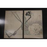 WATANBE SEITEL TWO FRAMED ANTIQUE JAPANESE WOOD BLOCK PRINTS DEPICTING FLOWERS IN ONE FRAME