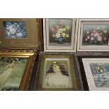 A COLLECTION OF ASSORTED PRINTS TO INCLUDE A PORTRAIT STUDY, TOGETHER WITH A PAIR OF FLORAL OIL ON