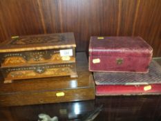 A COLLECTION OF JEWELLERY BOXES ETC. TO INCLUDE A VICTORIAN STYLE LEATHER COATED EXAMPLE (4)