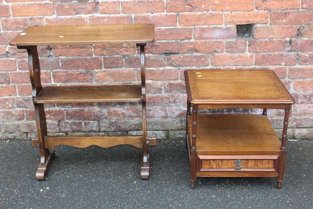 AN OAK TWO TIER HALL TABLE TOGETHER WITH A MAHOGANY TWO TIER LAMP TABLE (2)