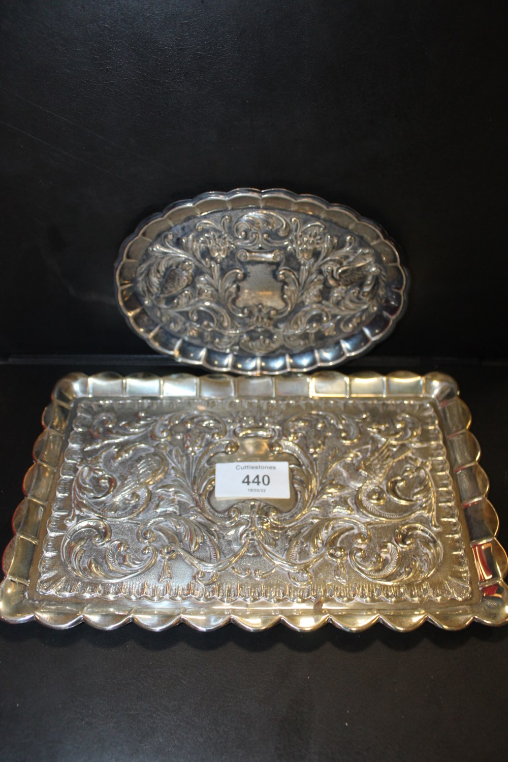 A WHITE METAL GREEN MAN SERVING TRAY WITH IMPRESSED CONTINENTAL STYLE STAMPS W-24CM, TOGETHER WITH A