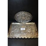 A WHITE METAL GREEN MAN SERVING TRAY WITH IMPRESSED CONTINENTAL STYLE STAMPS W-24CM, TOGETHER WITH A