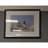 A FRAMED AND GLAZED WATERCOLOUR OF MALE AND FEMALE DUCKS ENTITLED 'MALLARDS' VERSO SIGNED ALAN