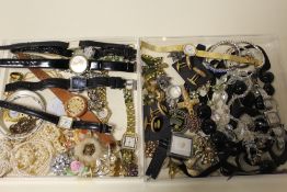 TWO BOXES OF COSTUME JEWELLERY AND WRISTWATCHES ETC.