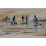 A FRAMED AND GLAZED WATERCOLOUR OF A BEACH SCENE WITH FIGURES SIGNED M WESTLEY LOWER LEFT 23CM X