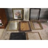 A BOX OF VINTAGE PICTURE FRAMES, MIRRORS AND PRINTS ETC.