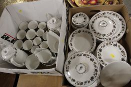 TWO TRAYS TO INCLUDE ALFRED MEAKIN SPRINGWOOD LEAF PATTERN CHINA TO INCLUDE TRIOS TEA POTS ETC.