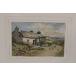 A GILT FRAMED AND GLAZED IMPRESSIONIST WATERCOLOUR OF A COUNTRY SCENE WITH FIGURE AND CHICKENS