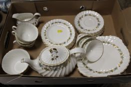 A TRAY OF ROYAL DOULTON PIEDMONT H4967 CHINA WITH GOLD BACK STAMPS TO INCLUDE A TEAPOT, TRIOS ETC.