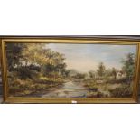 A GILT FRAMED OIL ON BOARD OF A RURAL RIVER LANDSCAPE WITH COTTAGE 45CM X 106CM