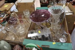 TWO TRAYS OF ASSORTED GLASSWARE TO INCLUDE A STUDIO GLASS COMPORT, CUT GLASS TRUMPET VASE, DECANTERS